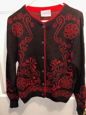 Pendleton Vintage Cardigan Black & Red Floral Jacquard Petite L 100% Virgin Wool